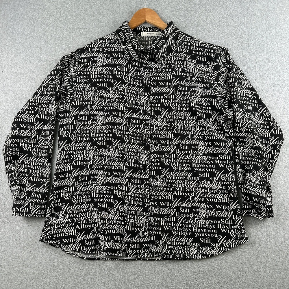Mango Shirt Womens S Black Typography Print Button Up Long Sleeve Suit